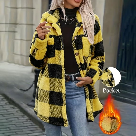 Womens Plaid Sherpa Lined Coat Button Down Lapel Collar Mid Length Fleece Warm Winter Jacket Yellow L