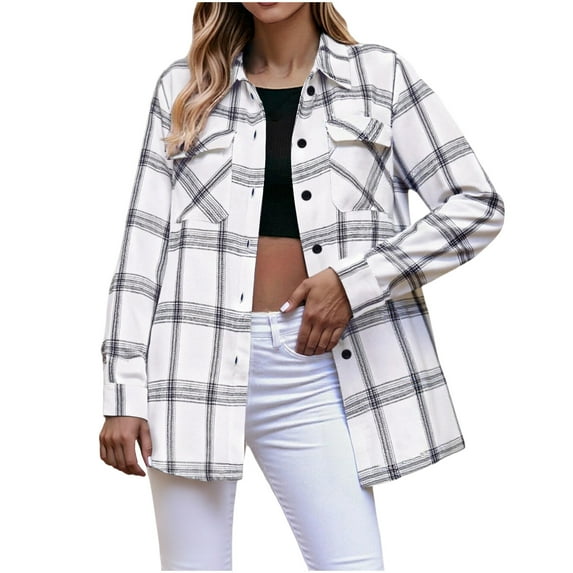 Womens Plaid Shirt Fashion Casual Lightweight Dressy Shirts Fall Long Sleeve Shacket with Pockets White 2XL