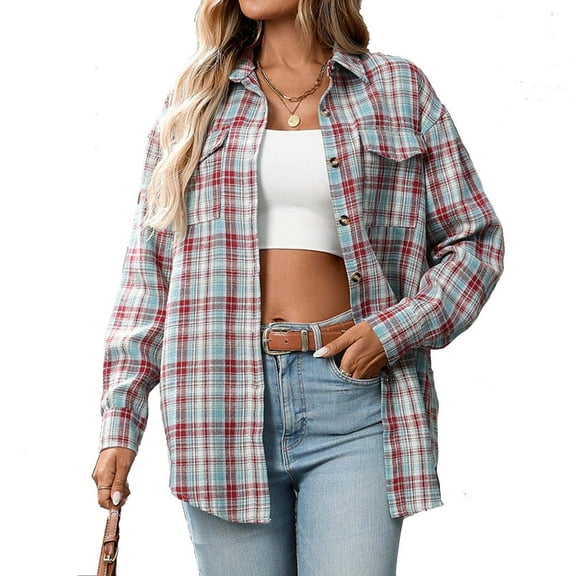 Womens Plaid Shirt Jacket Long Sleeve Button Down Gingham Cardigan Coat Lightweight Fall Collared Shirts Tops Light Blue, 2XL