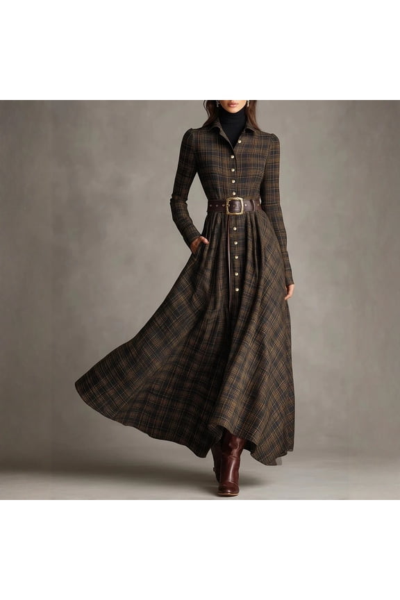 Womens Plaid Shirt Maxi Dress V-Neck Button Up Checkered Dress with Pockets(Have Belt)