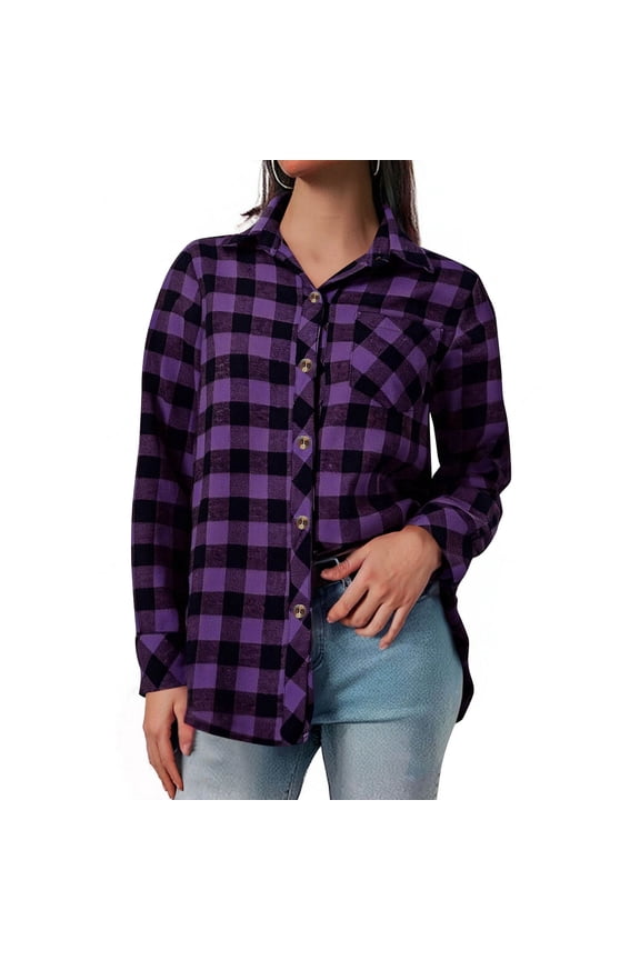 Womens Plaid Shirt Roll Up Long Sleeve Button Down Flannel Shirts Spring Fall Shirt Casual Loose Blouse Tops with Pockets