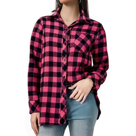Womens Plaid Shirt Roll Up Long Sleeve Button Down Flannel Shirts Spring Fall Shirt Casual Loose Blouse Tops with Pockets