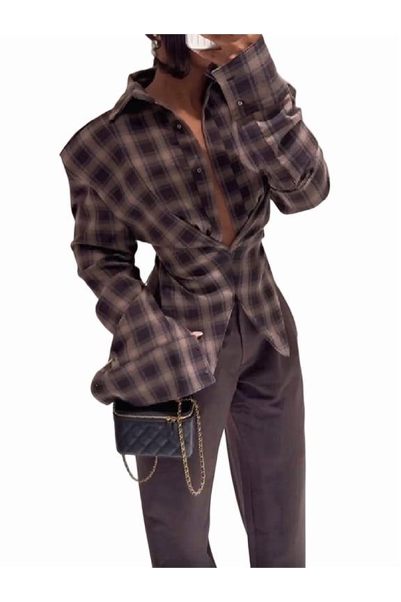 Womens Plaid Shirt V-Neck Button Asymmetric Slim Long Sleeve Checkered Blouse Tops Brown S