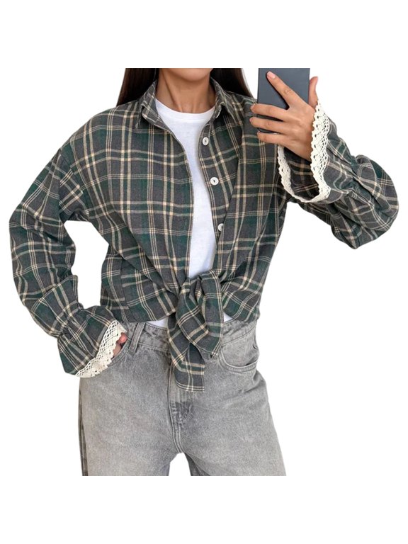 Womens Plaid Shirt Vintage Loose Fit Mid Long Oversized American Style Blouse for Streetwear Green S
