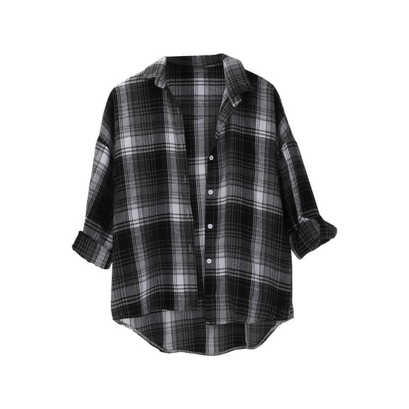 Womens Plaid Shirt, Yigetop Spring and Autumn Women's Checkered Shirt New Retro Style Loose Long Sleeved Shirt Coat. Plaid Womens Shirt Black 2XL
