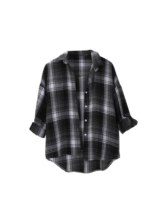 Womens Plaid Shirt, Yigetop Spring and Autumn Women's Checkered Shirt New Retro Style Loose Long Sleeved Shirt Coat. Plaid Womens Shirt Black M