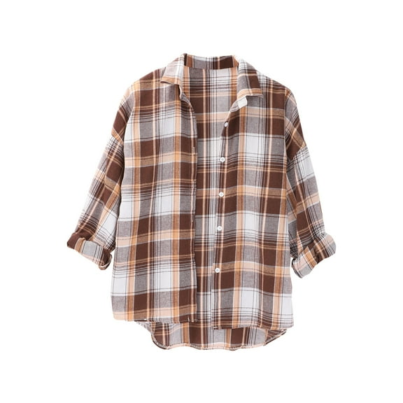 Womens Plaid Shirt, Yigetop Spring and Autumn Women's Checkered Shirt New Retro Style Loose Long Sleeved Shirt Coat. Plaid Womens Shirt Brown L