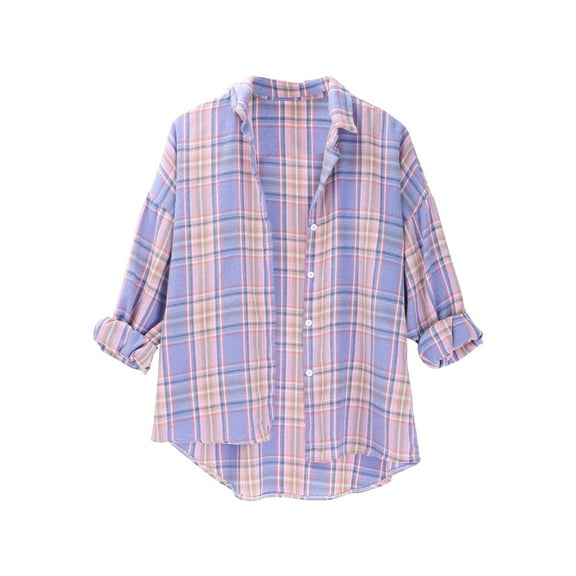 Womens Plaid Shirt, Yigetop Spring and Autumn Women's Checkered Shirt New Retro Style Loose Long Sleeved Shirt Coat. Plaid Womens Shirt Light Blue M