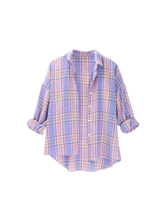 Womens Plaid Shirt, Yigetop Spring and Autumn Women's Checkered Shirt New Retro Style Loose Long Sleeved Shirt Coat. Plaid Womens Shirt Light Blue XL