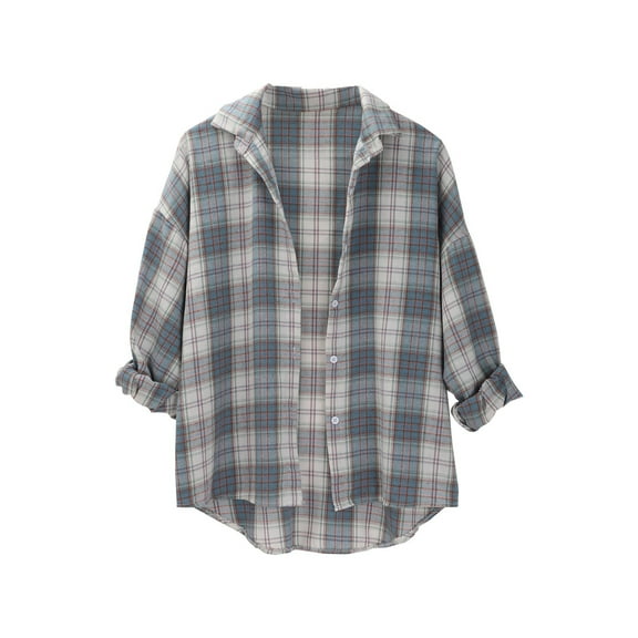 Womens Plaid Shirt, Yigetop Spring and Autumn Women's Checkered Shirt New Retro Style Loose Long Sleeved Shirt Coat. Plaid Womens Shirt Sky Blue L