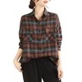 thumbnail image 1 of Womens Plaid Shirts Button Up Long Sleeve Cozy Linen Blend Lapel Collar Blouses Chest Pockets Casual Fall Tops (L, Coffee), 1 of 4