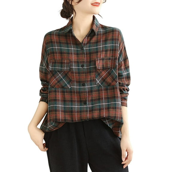 Womens Plaid Shirts Button Up Long Sleeve Cozy Linen Blend Lapel Collar Blouses Chest Pockets Casual Fall Tops (XL, Coffee)