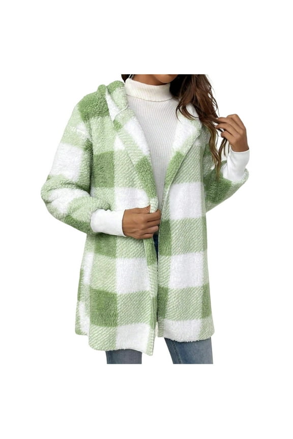 Womens Plaid Shirts Fleece Jacket Long Sleeve Fashion Casual Plush Loose Plus Size Cardigan Coat