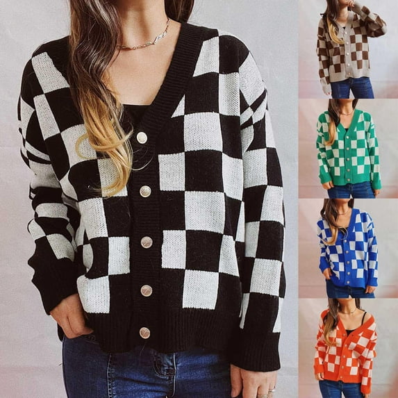 Womens Plaid Shirts Jacket Black Knitted Sweater Loose Contrasting Casual Checkered Outfits Clothes with Hooded M