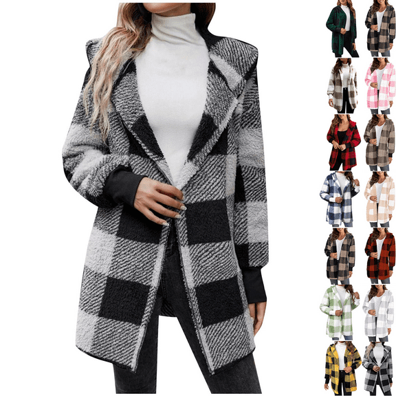 Womens Plaid Shirts Jacket Black Winter Long Sleeve Faux Shearling Oversized 2XL