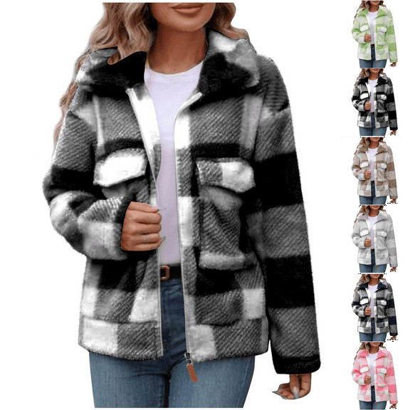 Womens Plaid Shirts Jacket Black Woman Winter Pockets Zipper Lapel Long Sleeve Blouse Plaid Winter Coats M