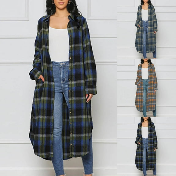 Womens Plaid Shirts Jacket Blue Long Casual Loose Checkered Button Pocket Long Sleeved Long Sleeved Hooded Casual Coat S