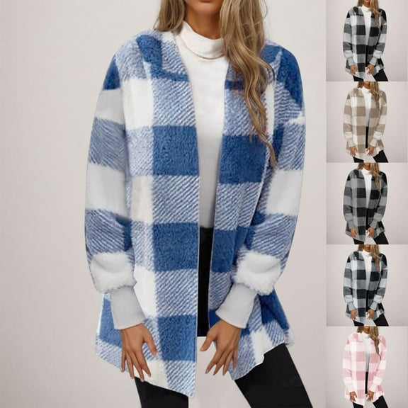 Womens Plaid Shirts Jacket Blue Winter Double-sided Fleece Long Sleeved Long Cardigan Over Top S