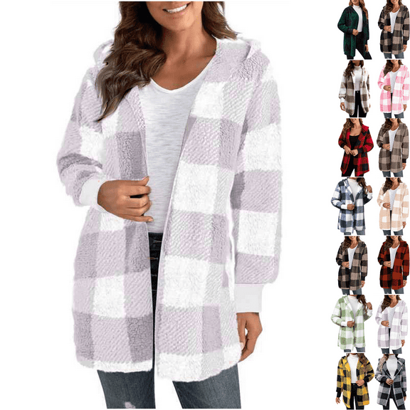 Womens Plaid Shirts Jacket Gray New Hooded Long Sleeved Loose Cardigan Jacket L