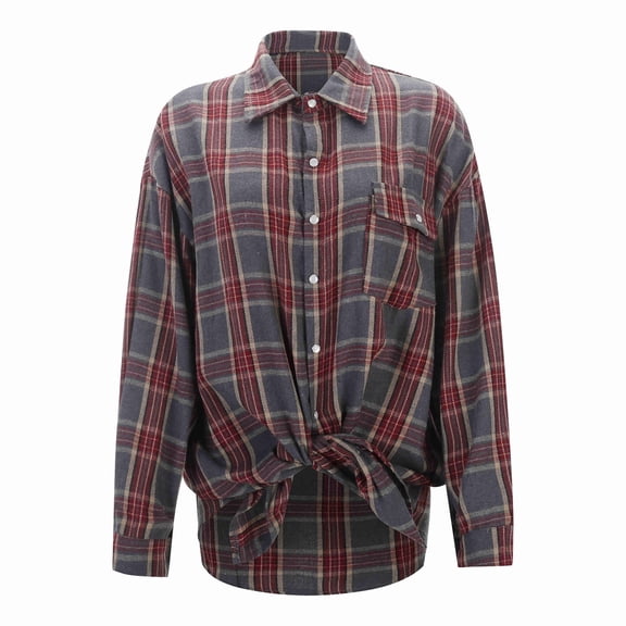 Womens Plaid Shirts Long Sleeve Button Down Collar Tops with Pocket Spring Fall Casual Loose Fit Womens Shirts