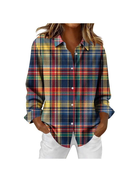 Womens Plaid Shirts Long Sleeve Button Down Lapel Tops Colorful Plaid Spring Fall Casual Loose Fit Womens Shirts