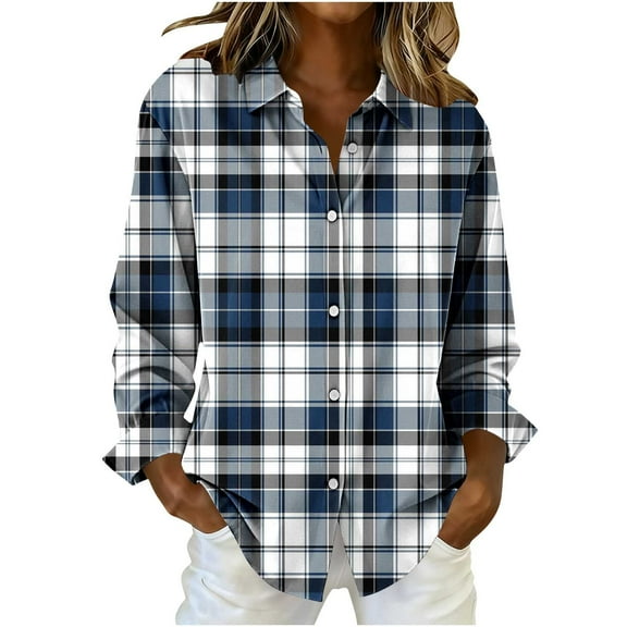 Womens Plaid Shirts, Long Sleeve Shirts for Women Fall Fashion Loose Fit Printed Lapel Button Down Dressy Blouses