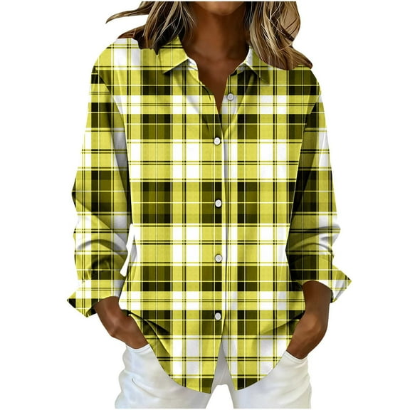 Womens Plaid Shirts, Long Sleeve Shirts for Women Fall Fashion Loose Fit Printed Lapel Button Down Dressy Blouses