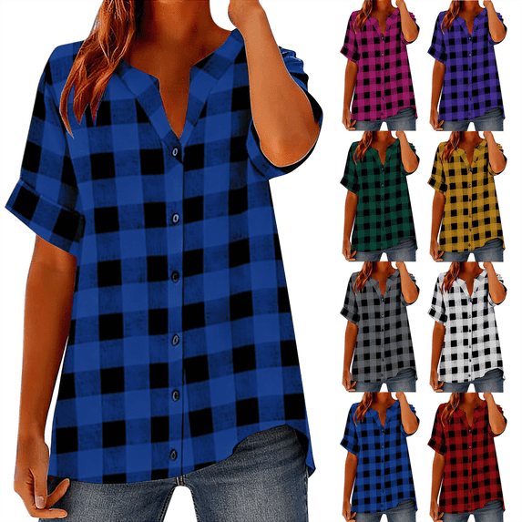 Womens Plaid Shirts Plus Size Retro Short Sleeve V Neck Button Down Blouse Casual Womens Summer Tops S-5XL
