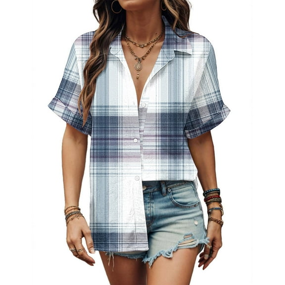 Womens Plaid Shirts Short Sleeve Button Down Shirt Casual Basic Tops Plus Size Tunic T Shirt