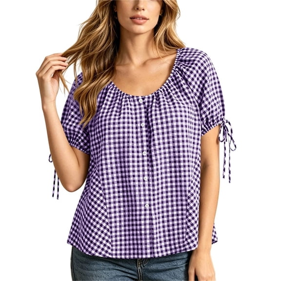 Womens Plaid Shirts Tie Elastic Short Sleeve Button Down Blouses Crewneck Casual Cute Summer Tops Loose Fit (M, Purple)