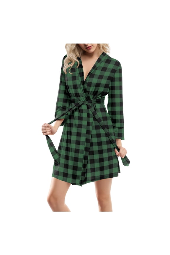 Womens Plaid Short Bathrobe Long Sleeve House Home Pjs Robes Cozy Wrap Belted Robe for Travel SPA Hotel Flight