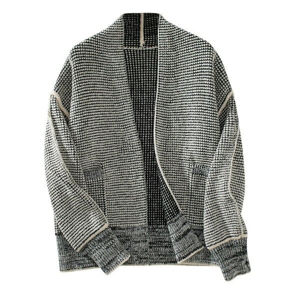 Womens Plaid Short Cardigan Oversized Long Sleeve Open Front Sweaters Casual Loose Knit Coats with Pockets (Beige M)