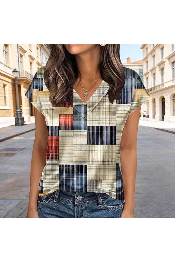 Womens Plaid Short Sleeve Blouse Loose Fit V-Neck Top, Geometric Patchwork Print Plus Size Khaki, Easy Care Wrinkle Resistant Polyester,Size 2XL