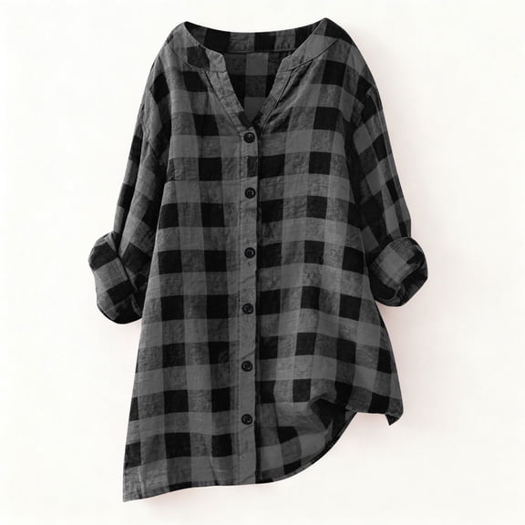 Womens Plaid Shrits Long Sleeve Tops Button Down Shirts Dressy Casual Fall Tops Trendy Tunic Tops Dark Gray XXXXXL