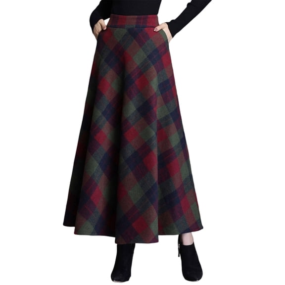 Womens Plaid Skirt Fall Long A-Line High Elastic Waisted Skirt Winter Vintage Woolen Tartan Skirts with Pockets