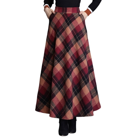 Womens Plaid Skirt Fall Long A-Line High Elastic Waisted Skirt Winter Vintage Woolen Tartan Skirts with Pockets