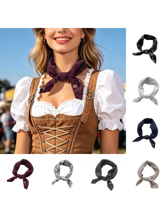 Womens Plaid Square Neck Scarf with Button Accent for Oktoberfest Party Daily