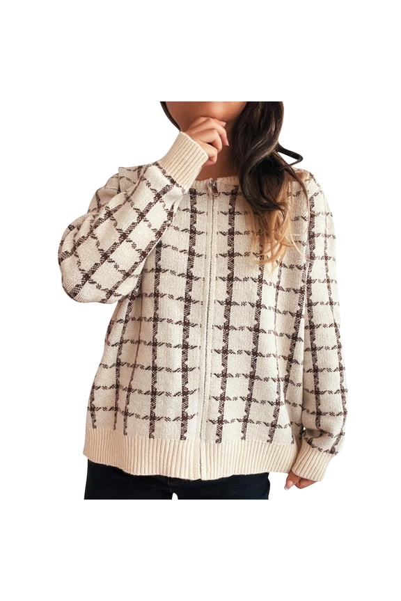 Womens Plaid Sweater Cardigan Long Sleeve Zipper Front Cardigans Crew Neck Loose Retro Knitwear Jacket Beige, M