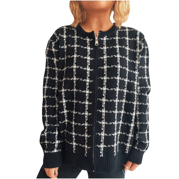 Womens Plaid Sweater Cardigan Long Sleeve Zipper Front Cardigans Crew Neck Loose Retro Knitwear Jacket Black, S