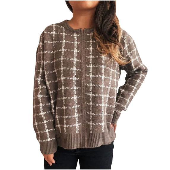 Womens Plaid Sweater Cardigan Long Sleeve Zipper Front Cardigans Crew Neck Loose Retro Knitwear Jacket Brown, M