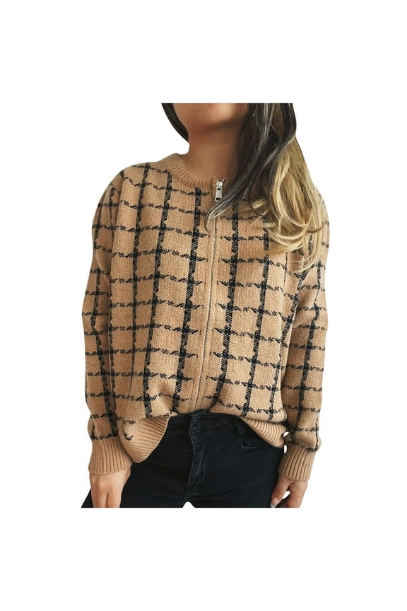 Womens Plaid Sweater Cardigan Long Sleeve Zipper Front Cardigans Crew Neck Loose Retro Knitwear Jacket Khaki, S