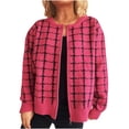 thumbnail image 1 of Womens Plaid Sweater Cardigan Long Sleeve Zipper Front Cardigans Crew Neck Loose Retro Knitwear Jacket Pink, M, 1 of 5