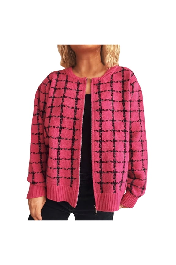 Womens Plaid Sweater Cardigan Long Sleeve Zipper Front Cardigans Crew Neck Loose Retro Knitwear Jacket Pink, M