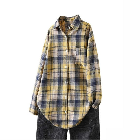 Womens Plaid T-Shirts, Long Sleeve Shirts for Women Casual Printed Lapel Button Down Dressy Blouses with Pockets Fall Clothes