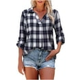 thumbnail image 1 of Womens Plaid T-shirt Classic lapel Shirt Soft Breathable 3/4 Sleeve Top V-neck Pullover with Neat Adjustable Button Cuffs 2025 Summer Fall Outfits, 1 of 5
