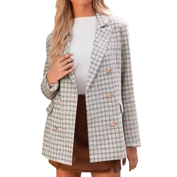 Womens Plaid Tweed Blazers Spring Fall Warm Fashion Casual Open Front Business Elegant Business Office Work Jackets
