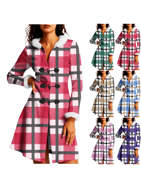 Womens Plaid Warm Fleece Lined Hooded Car Coat A-Line Flare Long Sleeve Duster Jacket for Apres Ski Winter Casual Lounge Wear Christmas, Hot Pink, M