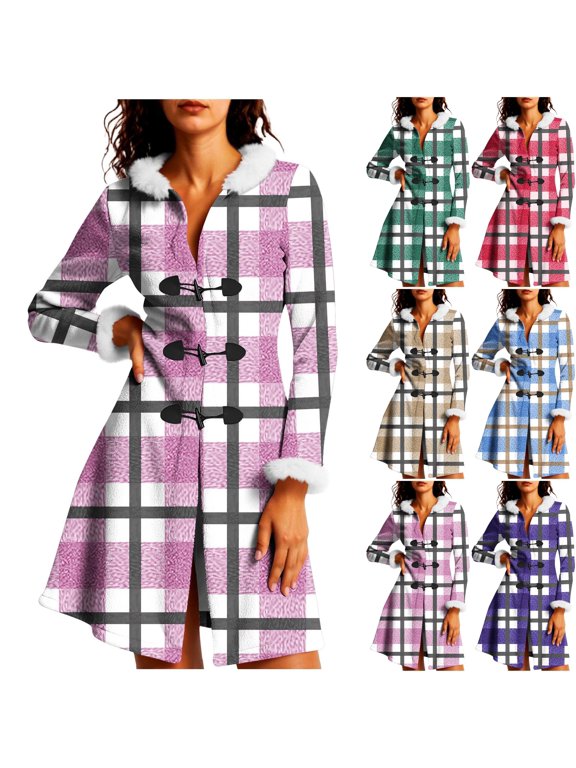 Womens Plaid Warm Fleece Lined Hooded Car Coat A-Line Flare Long Sleeve Duster Jacket for Apres Ski Winter Casual Lounge Wear Christmas, Pink, S