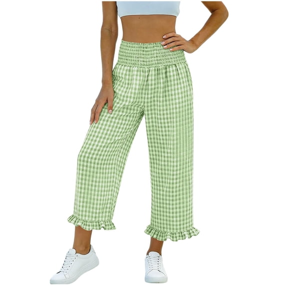 Womens Plaid Wide Leg Pants Lace Patchwork Gingham Pants High Waist Palazzo Lounge Loose Fit Trousers with Pockets Green