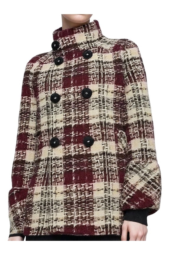 Womens Plaid Wool Trench Pea Coat Winter Dressy Double Breast Stand Collar Jacket Deep Red M